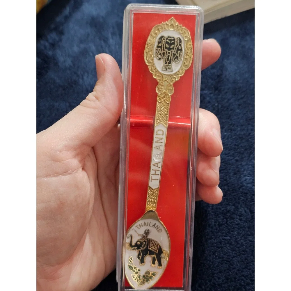 Vintage King Power Thailand Souvenir Spoon Gold Tone Enamel Elephant Erawan